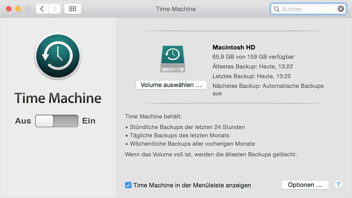 Automatische Backup mit automatischer Sicherung erstellen: Time Machine einstellen.